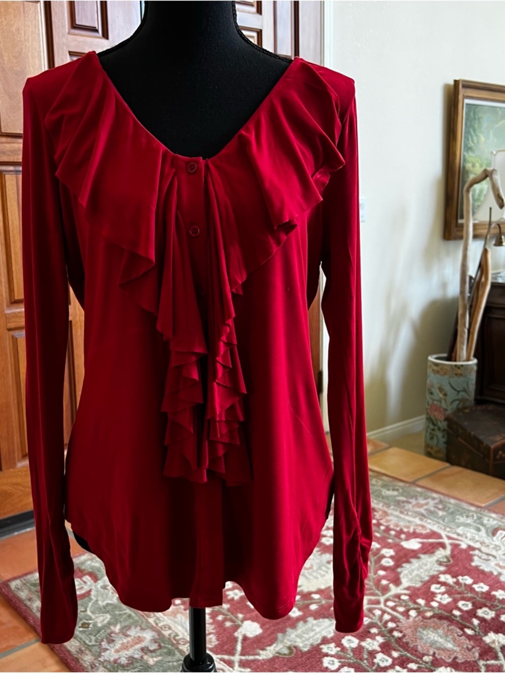 Linq Red Blouse Top Ruffle Along V Neck Line Long Sleeves Size M